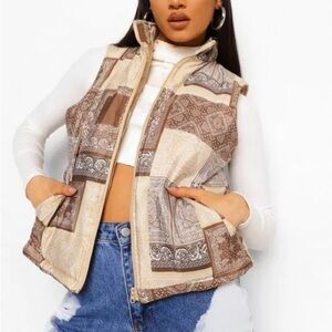 Boohoo Brown Square Bandana Print Padded Gilet Full Zip Vest